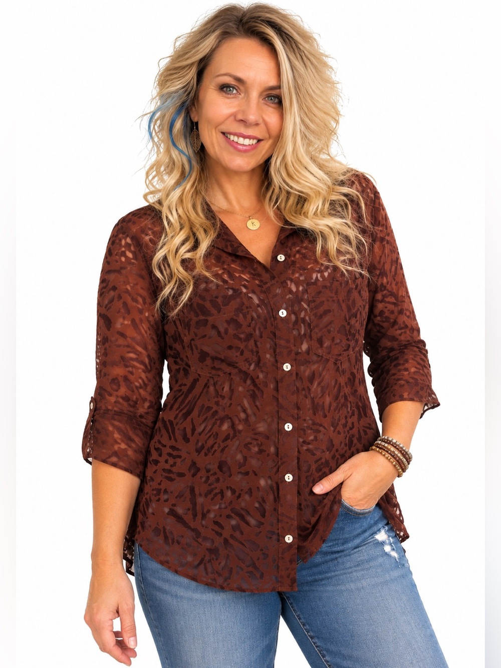 White Stag Brown Burnout Semi Sheer Button Up Blouse Size L